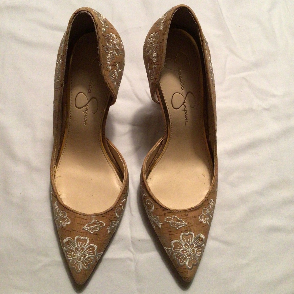 Jessica Simpson beige floral heels 7.5M great condition - Picture 1 of 8